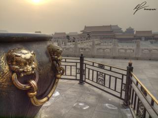 A tightly framed view of the inside of the Forbidden City in Beijing, focusing on an old water container, used to put out fires in emergency situations.