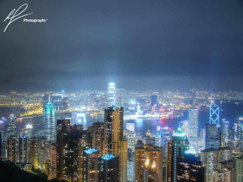 A long exposure night shot of the lights of Hong Kong taken from near the peak on Mount Victoria.