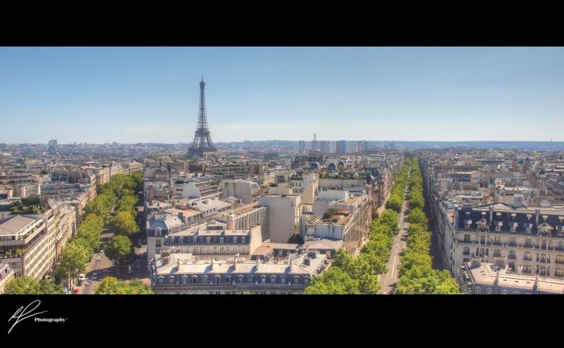 A cropped panorama from the top of the Arc de Triumph in Paris, France. 